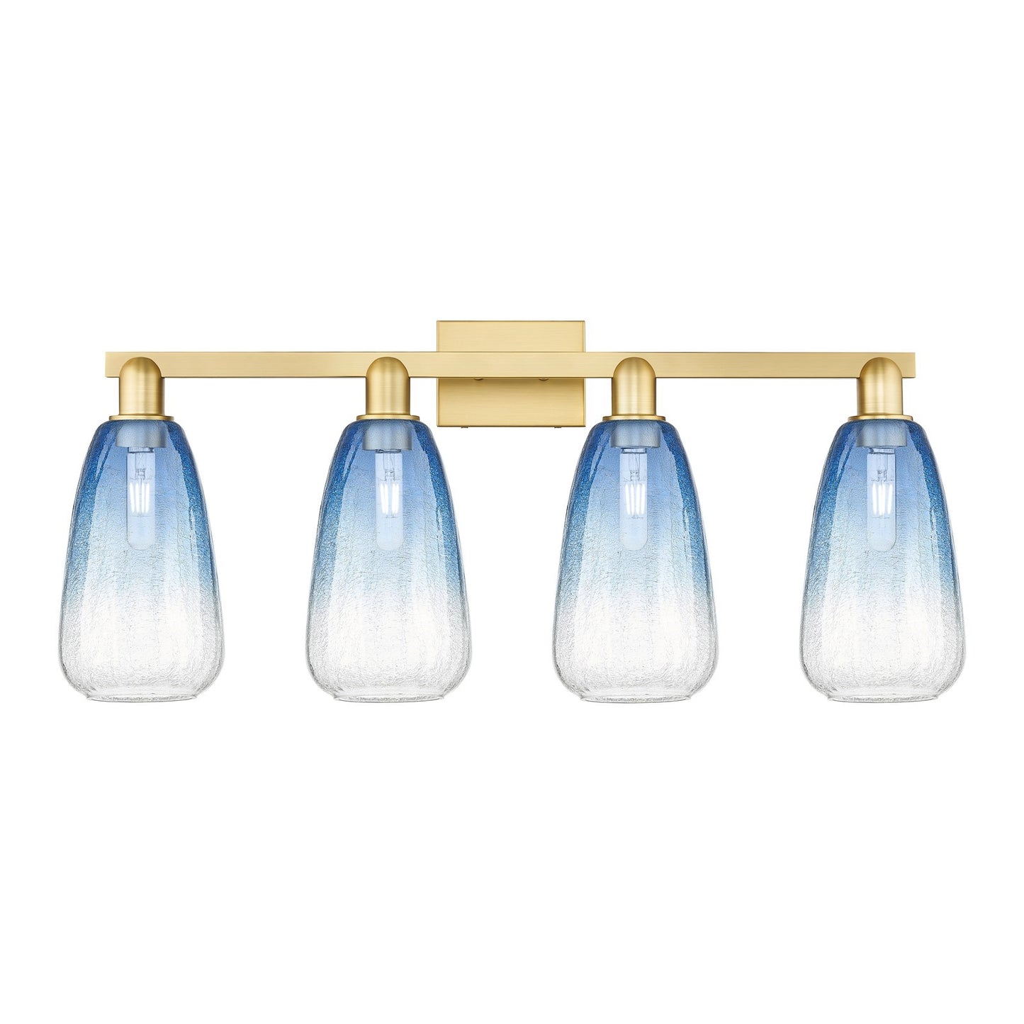 Innovations Brookhaven Almond 33in 4-Light Bath Vanity Light | Industrial Satin Gold Steel and Sapphire Blue Glass | Bathroom | Model 716-4W-SG-G480-6SB