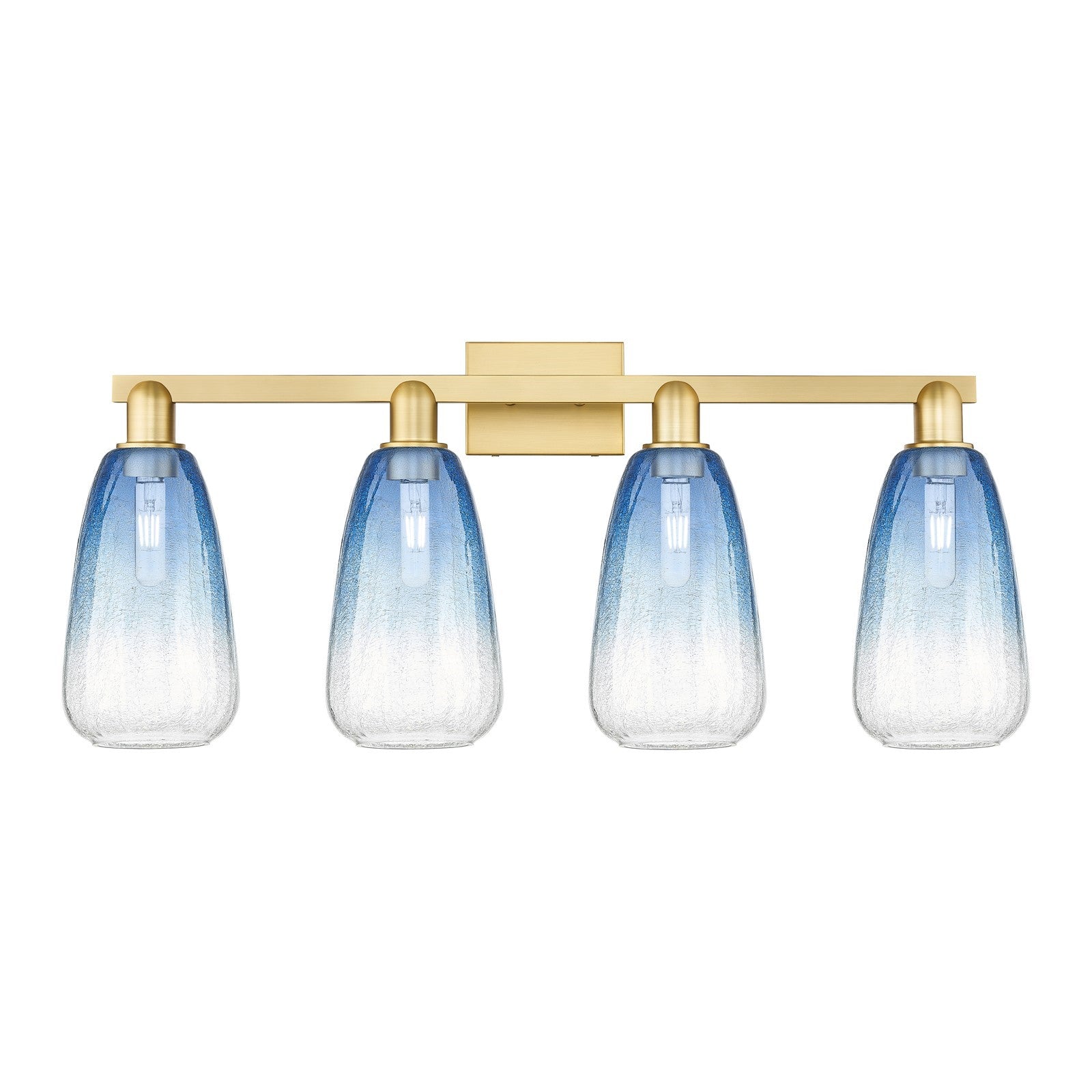 Innovations Brookhaven Almond 33in 4-Light Bath Vanity Light | Industrial Satin Gold Steel and Sapphire Blue Glass | Bathroom | Model 716-4W-SG-G480-6SB