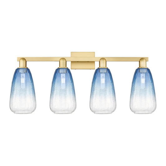 Innovations Brookhaven Almond 33in 4-Light Bath Vanity Light | Industrial Satin Gold Steel and Sapphire Blue Glass | Bathroom | Model 716-4W-SG-G480-6SB