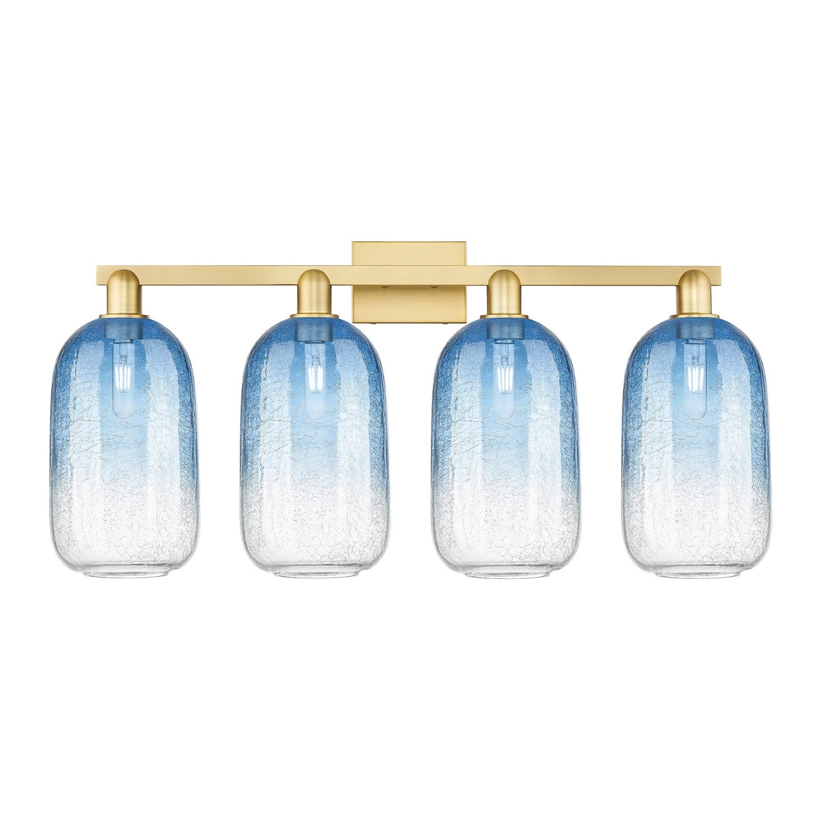 Innovations Brookhaven Cloche 34in 4-Light Bath Vanity Light | Industrial Satin Gold Steel and Cast Brass with Sapphire Blue | Model 716-4W-SG-G482-7SB