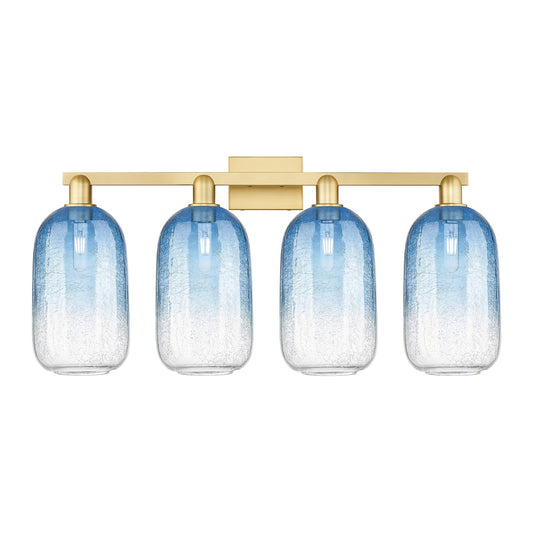 Innovations Brookhaven Cloche 34in 4-Light Bath Vanity Light | Industrial Satin Gold Steel and Cast Brass with Sapphire Blue | Model 716-4W-SG-G482-7SB