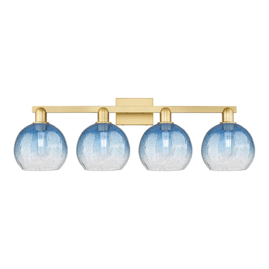 Innovations Brookhaven Globe 35in 4-Light Bath Vanity Light | Industrial Satin Gold Steel and Sapphire Blue Glass | Bathroom | Model 716-4W-SG-G483-8SB