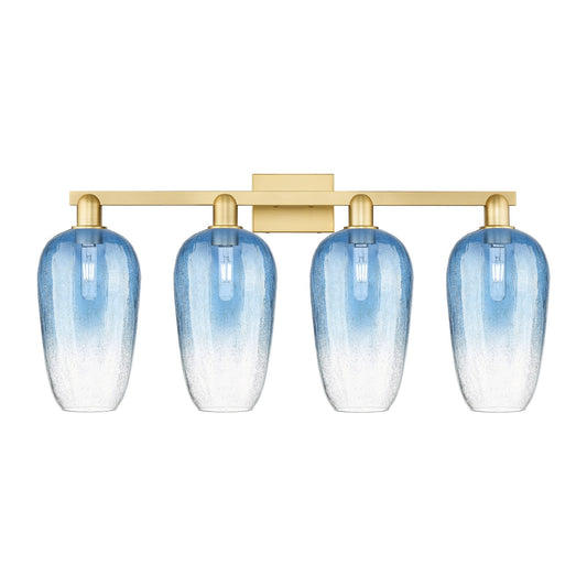 Innovations Brookhaven Flute 34in 4-Light Bath Vanity Light | Industrial Satin Gold Steel and Sapphire Blue Glass | Bathroom | Model 716-4W-SG-G484-7SB