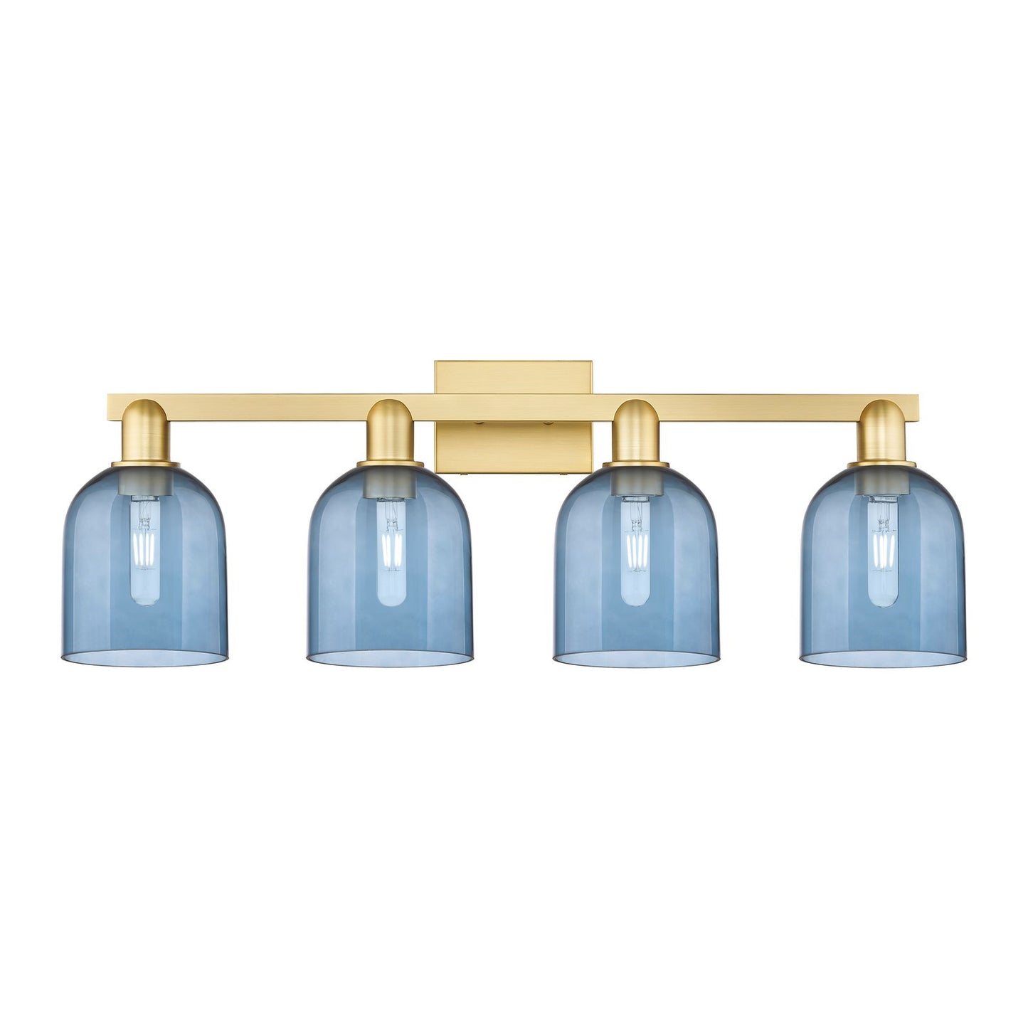 Innovations Bella 33in 4-Light Bath Vanity Light | Industrial Satin Gold Steel and Blue Glass | Bathroom Vanity Damp Rated | Model 716-4W-SG-G558-6BL