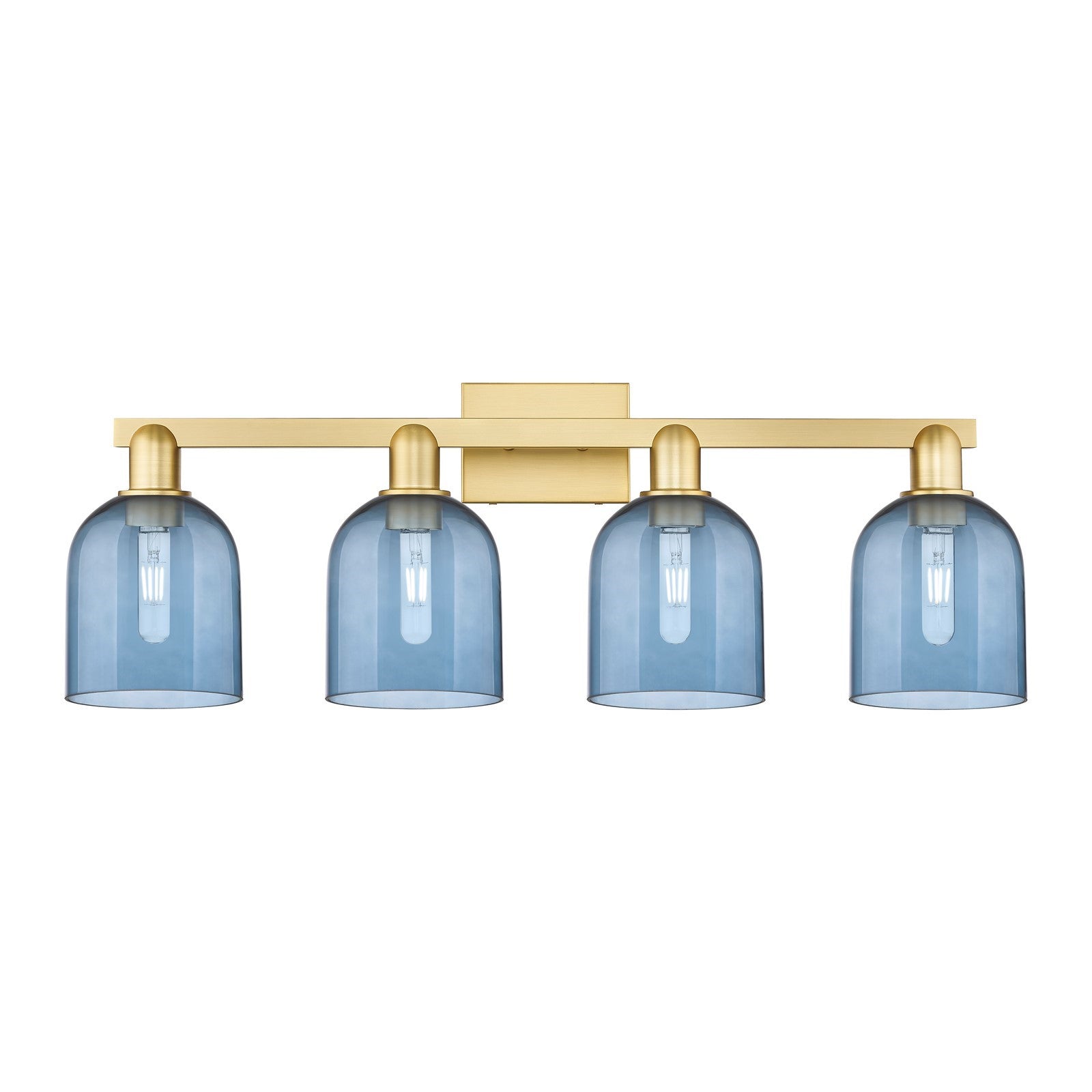 Innovations Bella 33in 4-Light Bath Vanity Light | Industrial Satin Gold Steel and Blue Glass | Bathroom Vanity Damp Rated | Model 716-4W-SG-G558-6BL