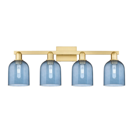 Innovations Bella 33in 4-Light Bath Vanity Light | Industrial Satin Gold Steel and Blue Glass | Bathroom Vanity Damp Rated | Model 716-4W-SG-G558-6BL