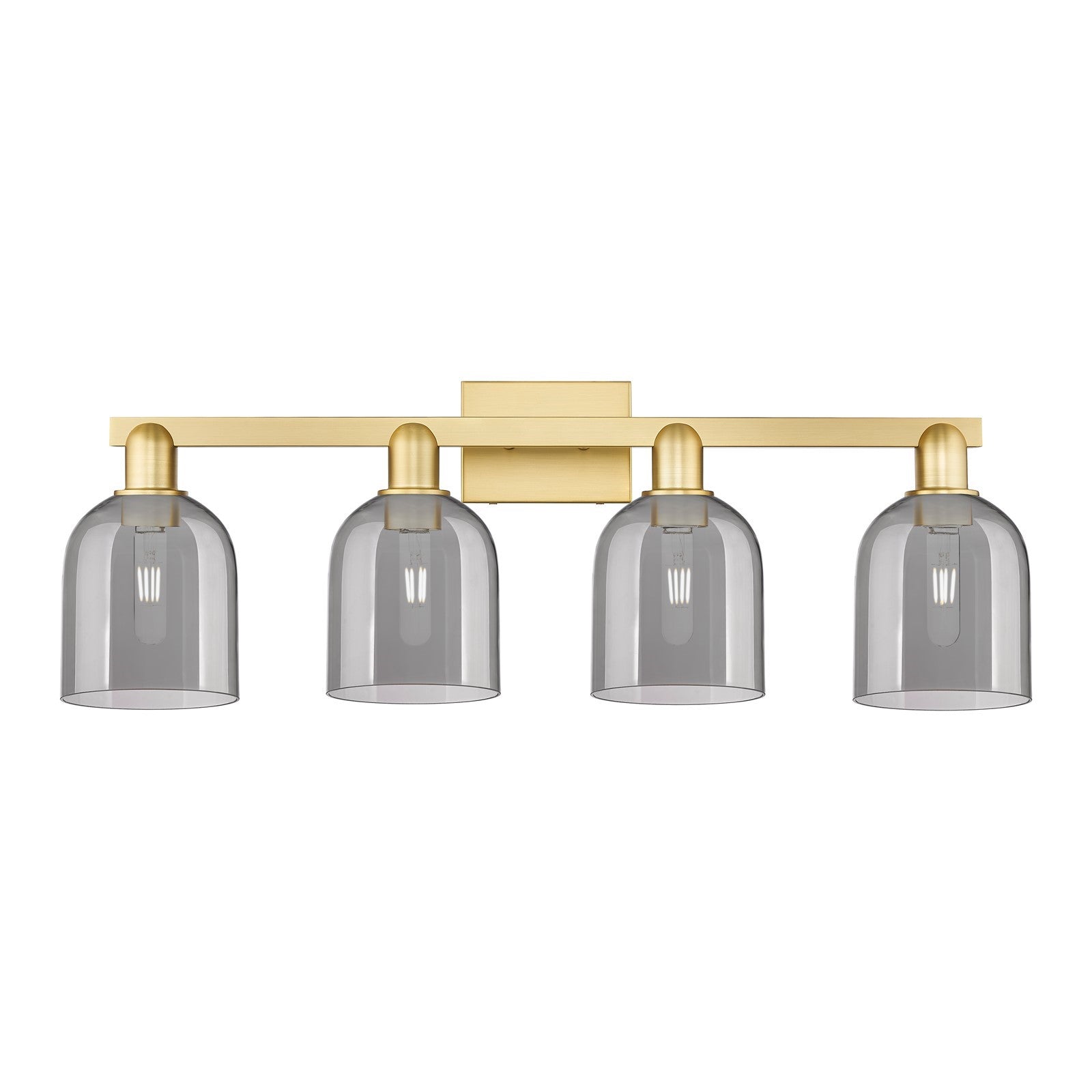 Innovations Bella 33in 4-Light Bath Vanity Light | Industrial Satin Gold Steel and Cast Brass with Light Smoke Bell Glass | Model 716-4W-SG-G558-6SM