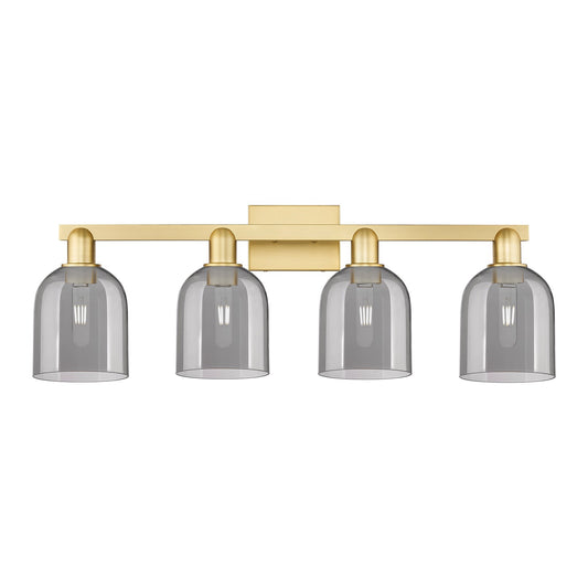 Innovations Bella 33in 4-Light Bath Vanity Light | Industrial Satin Gold Steel and Cast Brass with Light Smoke Bell Glass | Model 716-4W-SG-G558-6SM