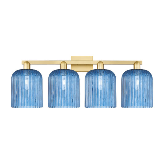 Innovations Bridal Veil 35in 4-Light Bath Vanity Light | Industrial Satin Gold Steel and Princess Blue Ribbed Glass | Bathroom | Model 716-4W-SG-G559-8BL