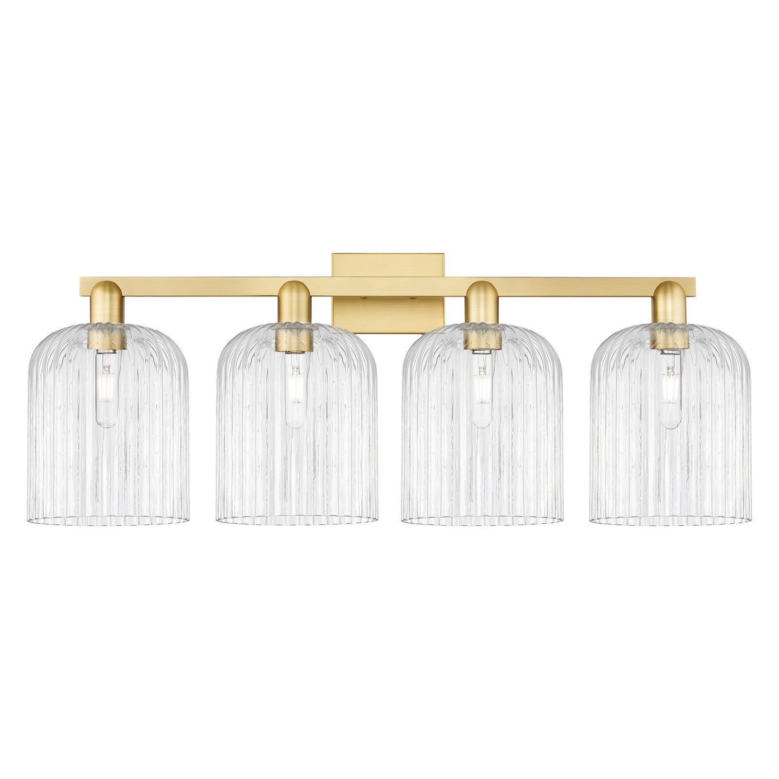 Innovations Bridal Veil 35in 4-Light Bath Vanity Light | Industrial Satin Gold Steel and Clear Ribbed Glass | Bathroom Vanity | Model 716-4W-SG-G559-8CL