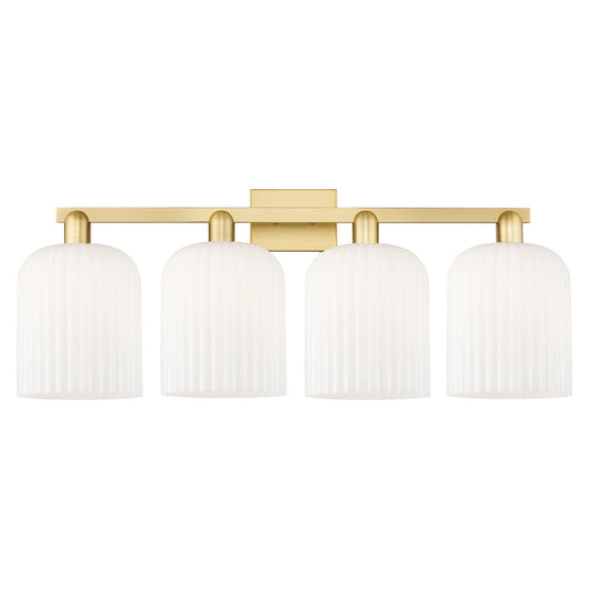 Innovations Bridal Veil 35in 4-Light Bath Vanity | Industrial Satin Gold Steel and Gloss White Ribbed Glass | Bathroom & | Model 716-4W-SG-G559-8GWH