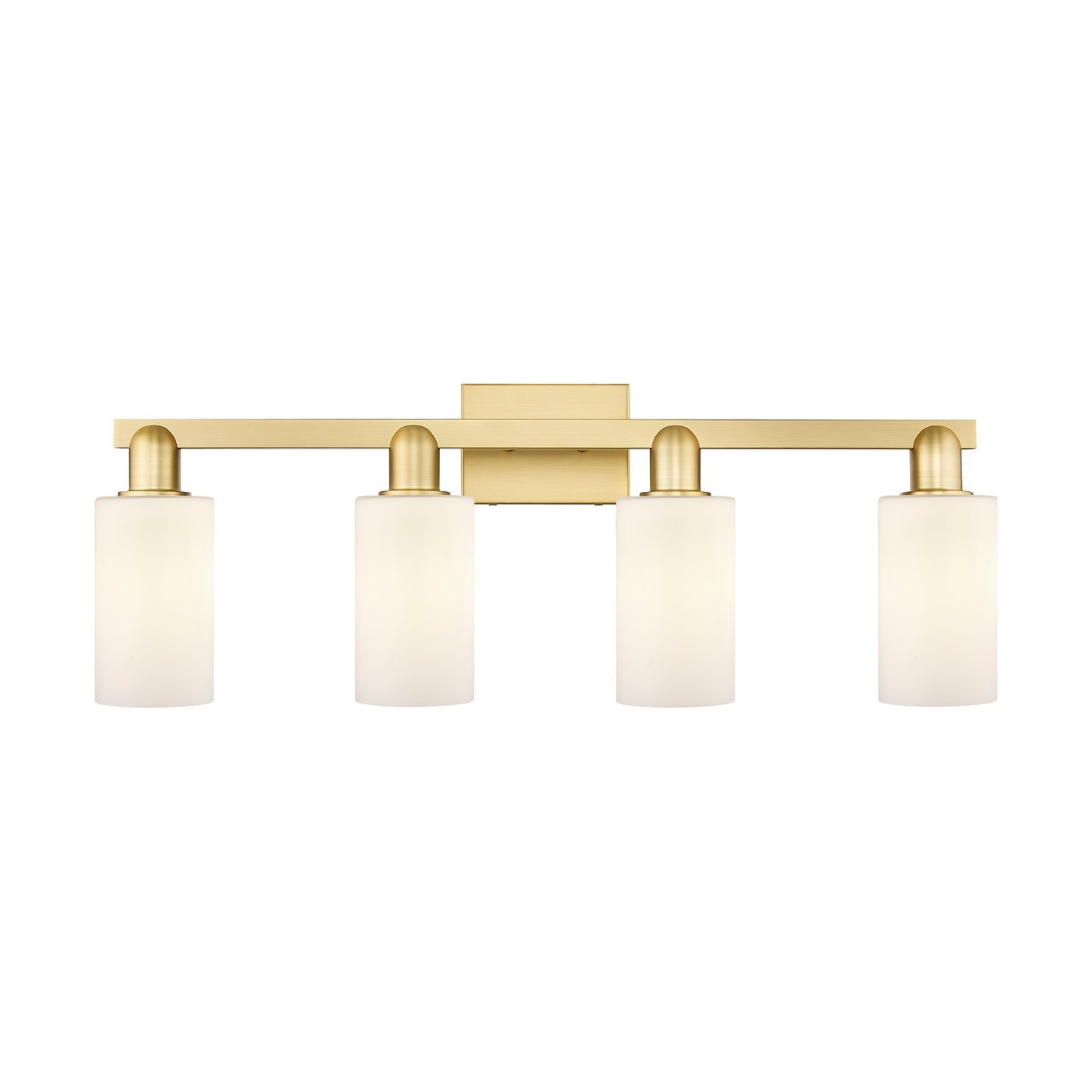 Innovations Clymer 31in 4-Light Bath Vanity Light | Industrial Modern Contempo Satin Gold and Matte White Glass | Bathroom Vanity | Model 716-4W-SG-G801