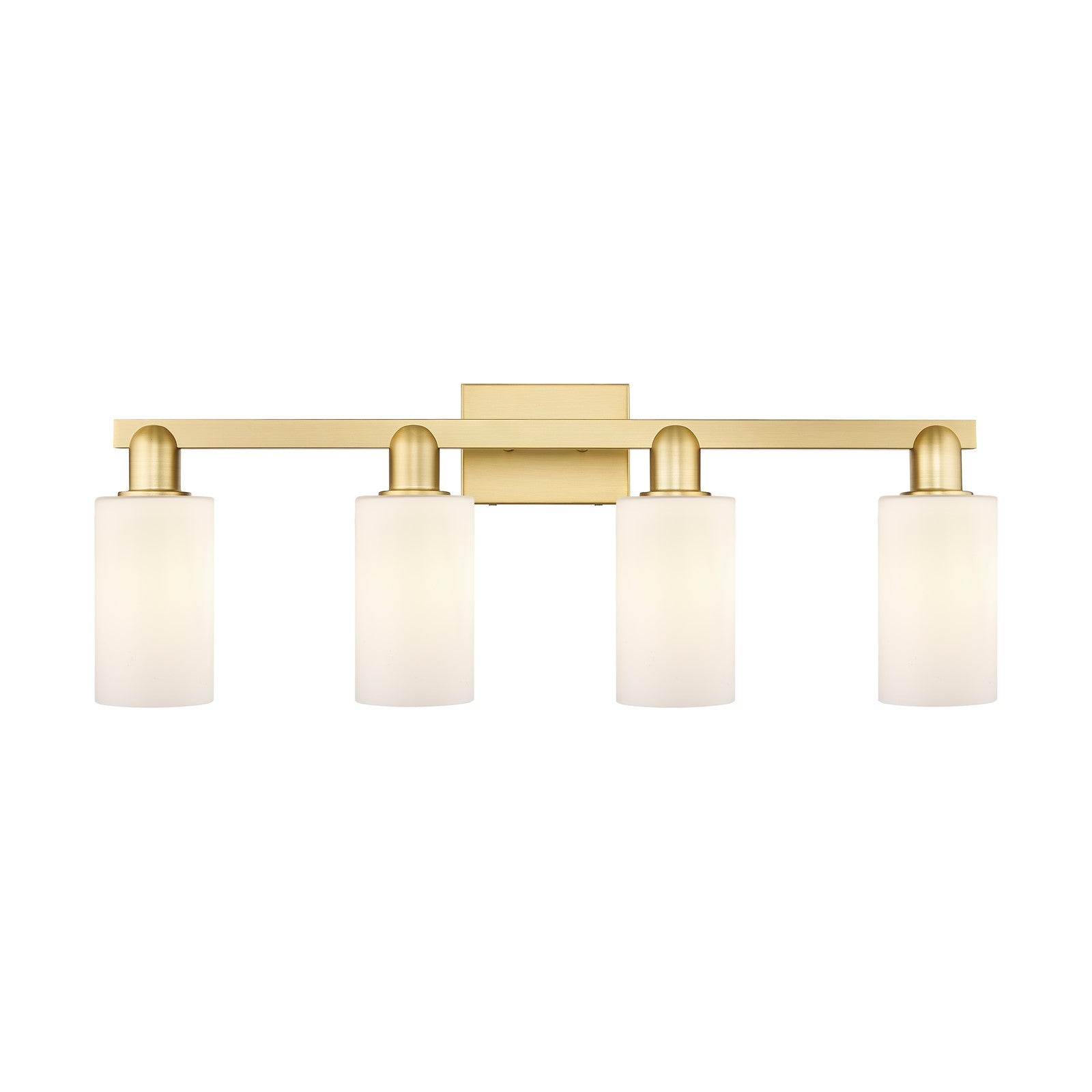 Innovations Clymer 31in 4-Light Bath Vanity Light | Industrial Modern Contempo Satin Gold and Matte White Glass | Bathroom Vanity | Model 716-4W-SG-G801