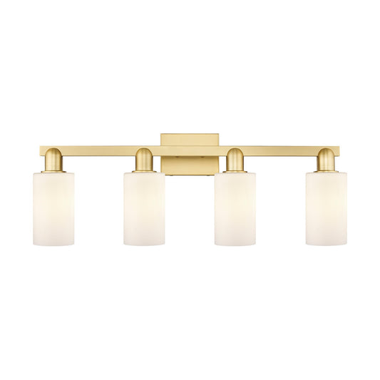 Innovations Clymer 31in 4-Light Bath Vanity Light | Industrial Modern Contempo Satin Gold and Matte White Glass | Bathroom Vanity | Model 716-4W-SG-G801