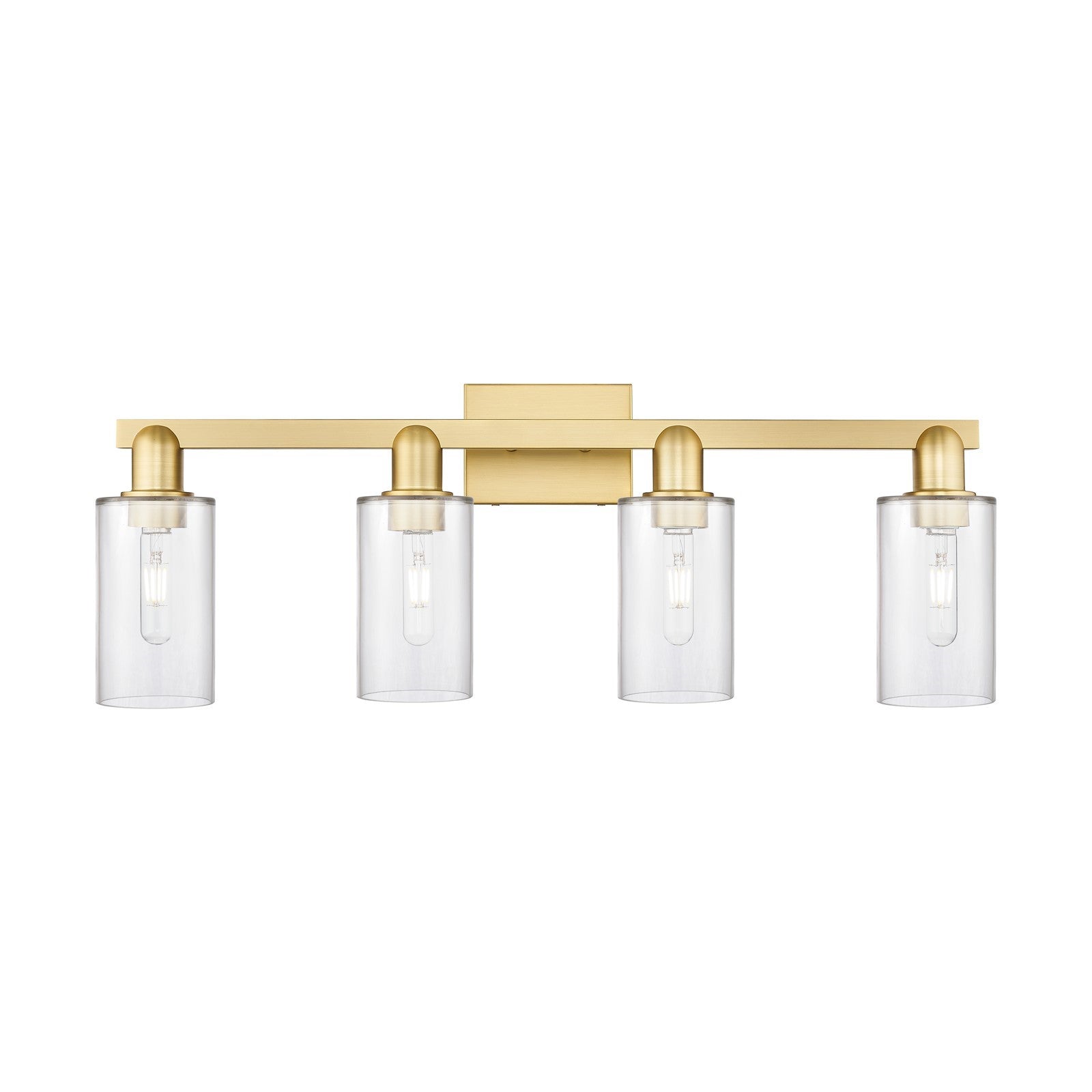 Innovations Clymer 31in 4-Light Bath Vanity Light | Industrial Satin Gold Steel and Clear Glass | Bathroom Vanity | Model 716-4W-SG-G802