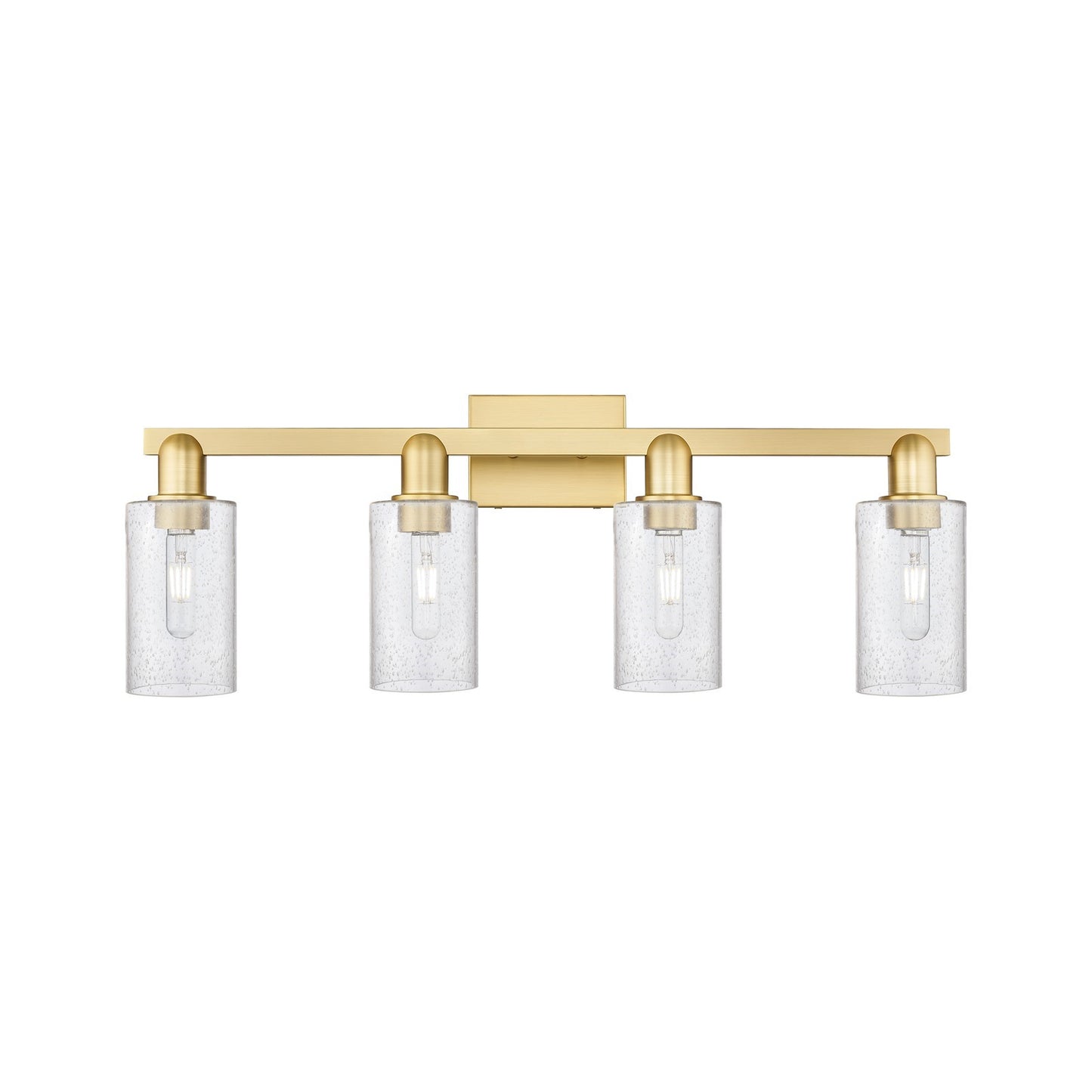 Innovations Clymer 31in 4-Light Bath Vanity Light | Industrial Satin Gold Steel and Seedy Glass | Bathroom Vanity | Model 716-4W-SG-G804