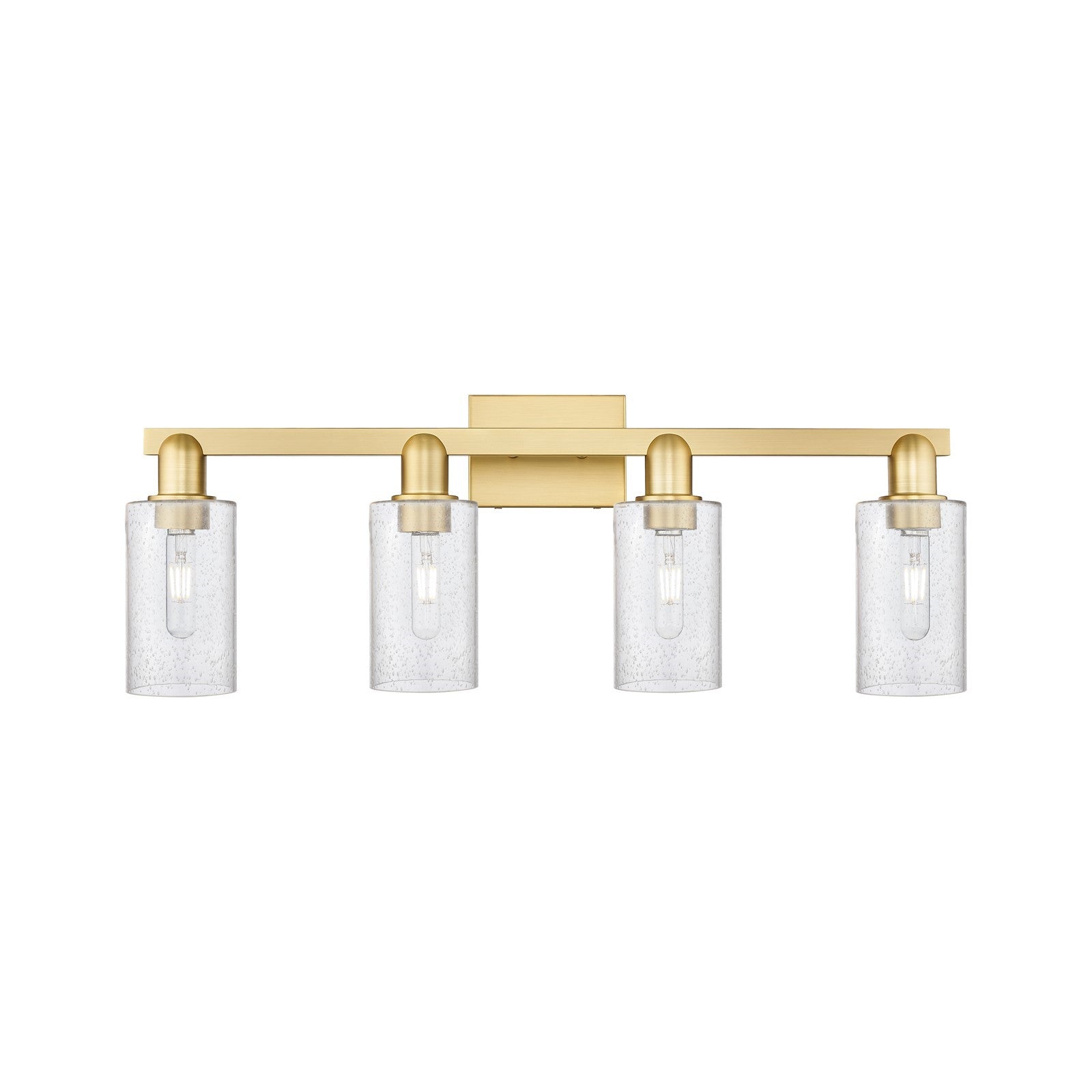 Innovations Clymer 31in 4-Light Bath Vanity Light | Industrial Satin Gold Steel and Seedy Glass | Bathroom Vanity | Model 716-4W-SG-G804