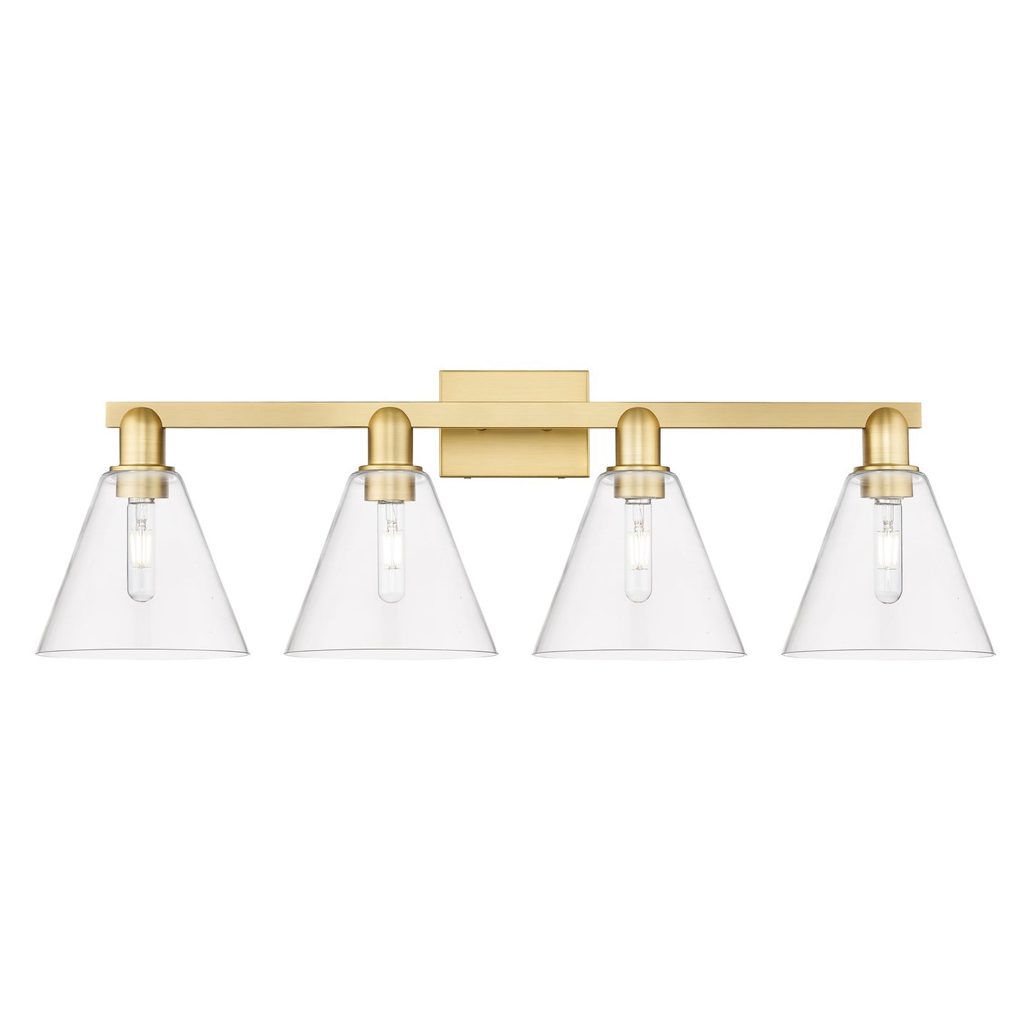 Innovations Berkshire Glass 35in 4-Light Bath Vanity | Industrial Satin Gold Steel and Clear Cone Glass | Bathroom Vanity Light | Model 716-4W-SG-GBC-82