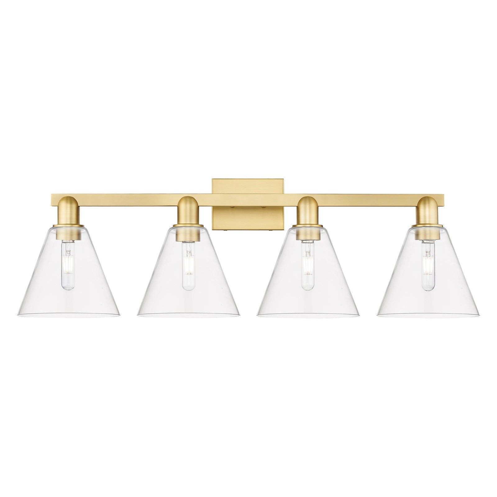 Innovations Berkshire Glass 35in 4-Light Bath Vanity | Industrial Satin Gold Steel and Clear Cone Glass | Bathroom Vanity Light | Model 716-4W-SG-GBC-82