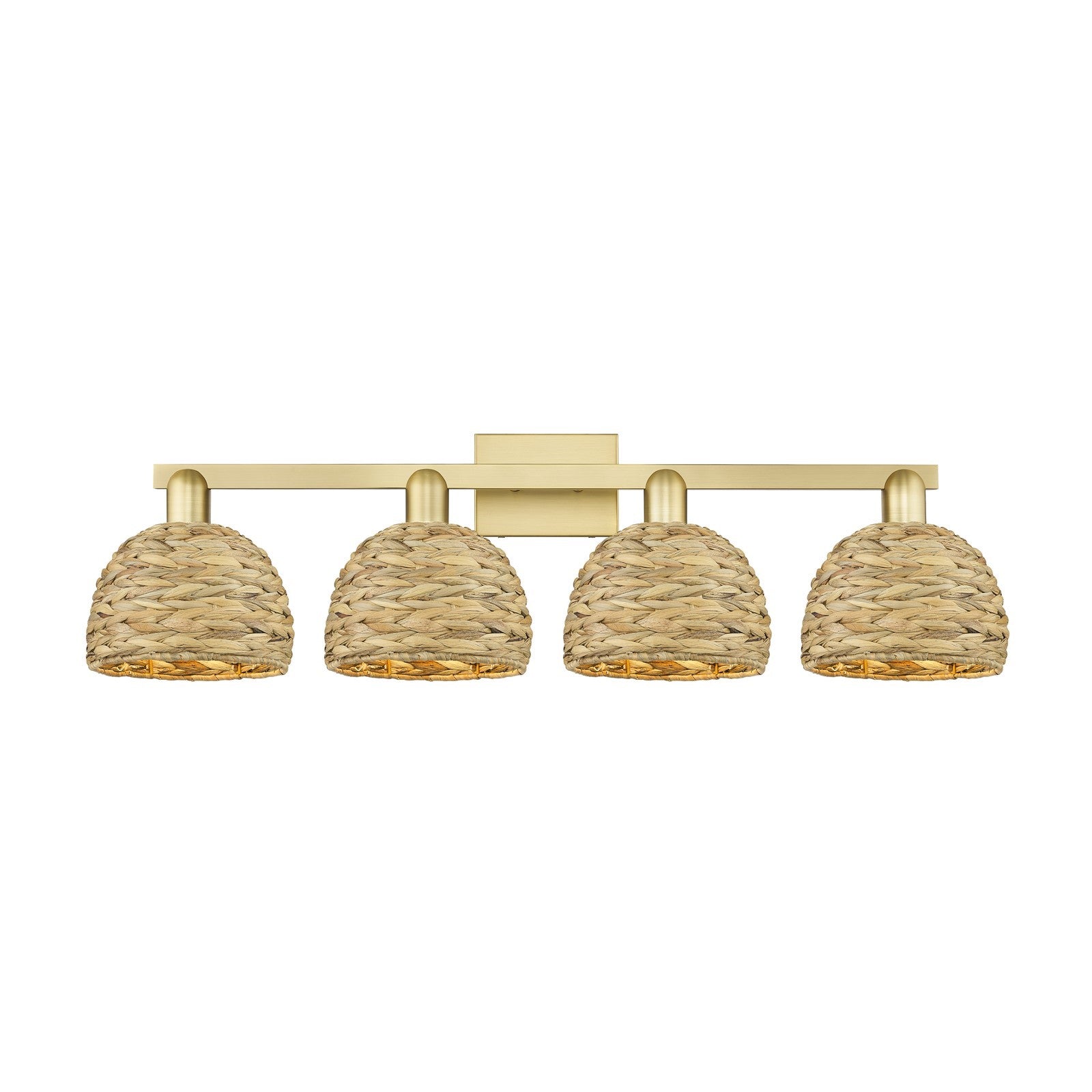Innovations Woven Rattan 35in 4-Light Bath Vanity | Industrial Satin Gold Steel and Natural Fiber Dome Shades | Bathroom & | Model 716-4W-SG-RBD-8-NAT