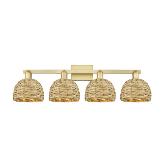 Innovations Woven Rattan 35in 4-Light Bath Vanity | Industrial Satin Gold Steel and Natural Fiber Dome Shades | Bathroom & | Model 716-4W-SG-RBD-8-NAT