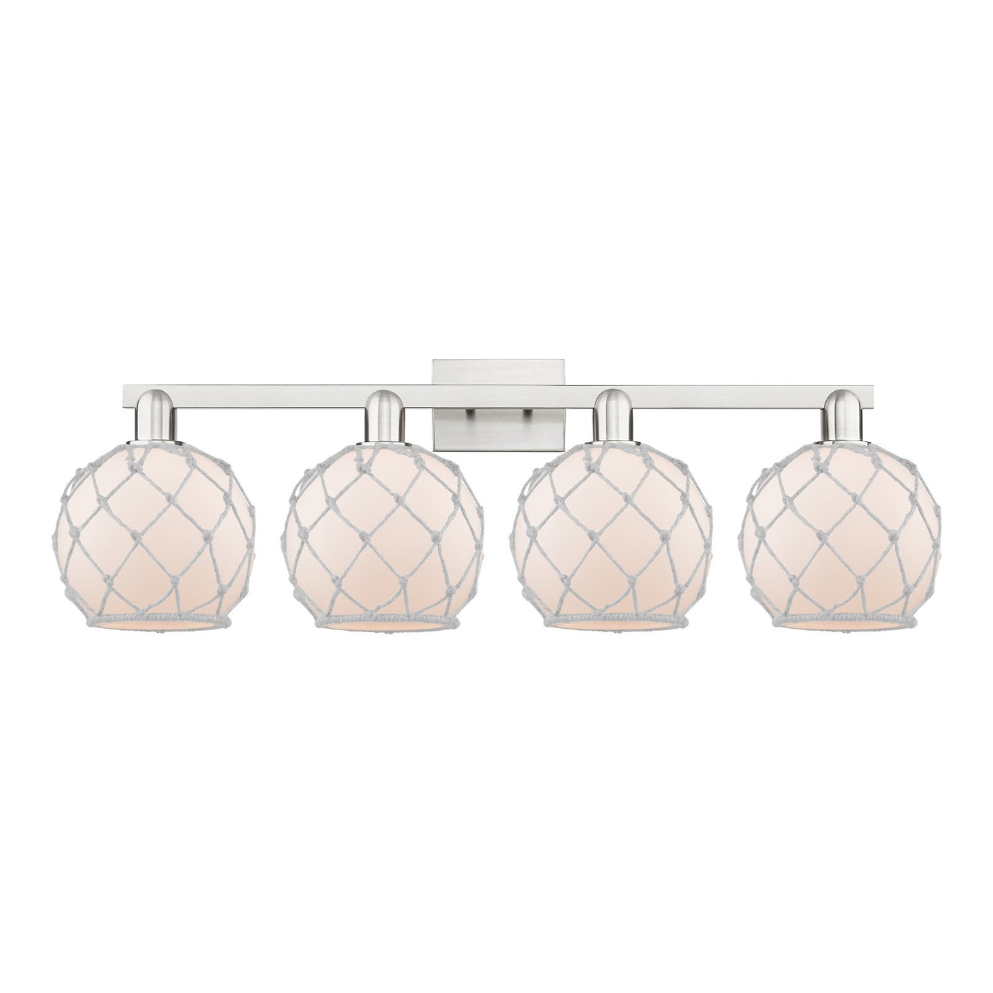 Innovations Farmhouse Rope 35in 4-Light Bath Vanity Light | Industrial Brushed Satin Nickel and White Frosted Glass Rope Shade | Model 716-4W-SN-G121-8RW