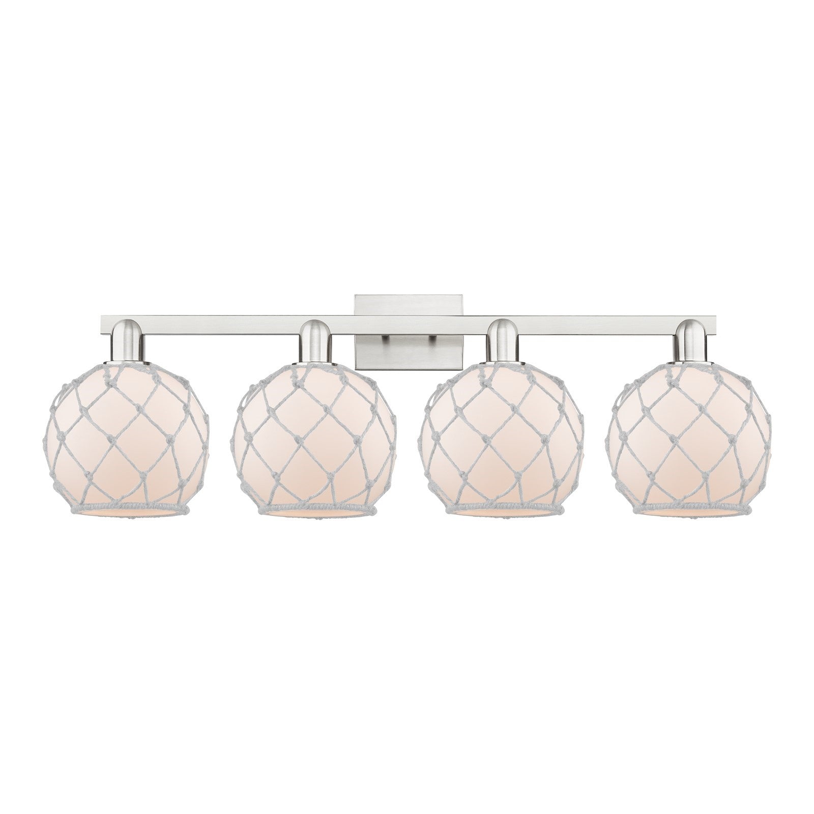 Innovations Farmhouse Rope 35in 4-Light Bath Vanity Light | Industrial Brushed Satin Nickel and White Frosted Glass Rope Shade | Model 716-4W-SN-G121-8RW