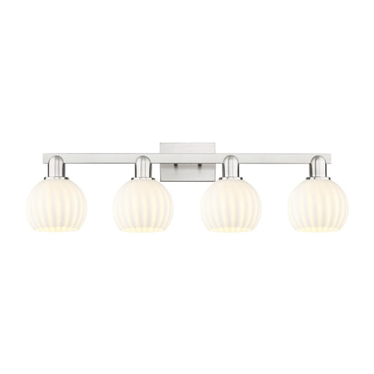 Innovations Lighting White Venetian 33in 4-Light Bath Vanity Light | Industrial Brushed Satin Nickel and White Venetian Glass | Model 716-4W-SN-G1217-6WV