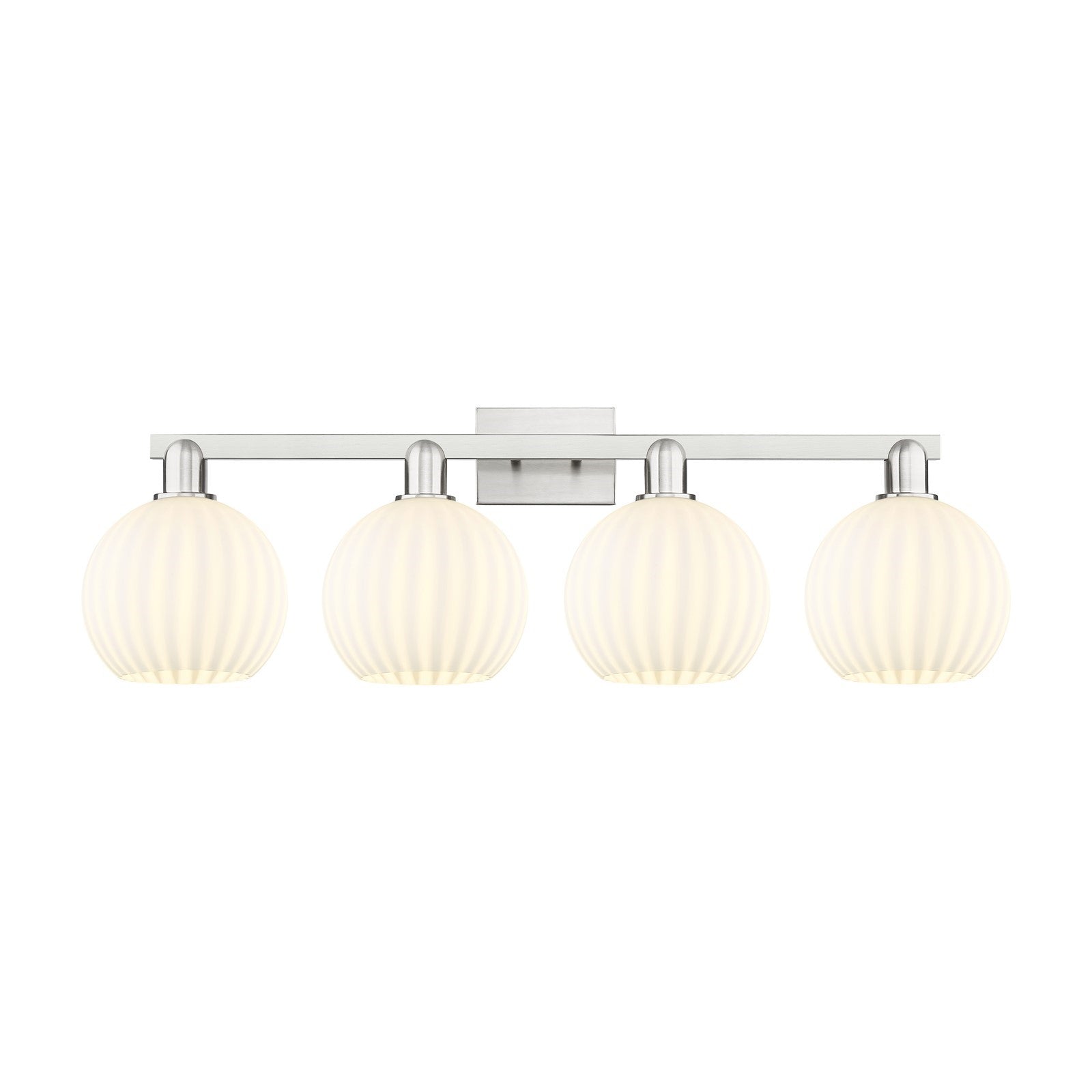 Innovations Lighting White Venetian 35in 4-Light Bath Vanity Light | Industrial Brushed Satin Nickel and White Venetian Glass | Model 716-4W-SN-G1217-8WV
