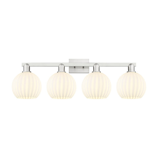 Innovations Lighting White Venetian 35in 4-Light Bath Vanity Light | Industrial Brushed Satin Nickel and White Venetian Glass | Model 716-4W-SN-G1217-8WV