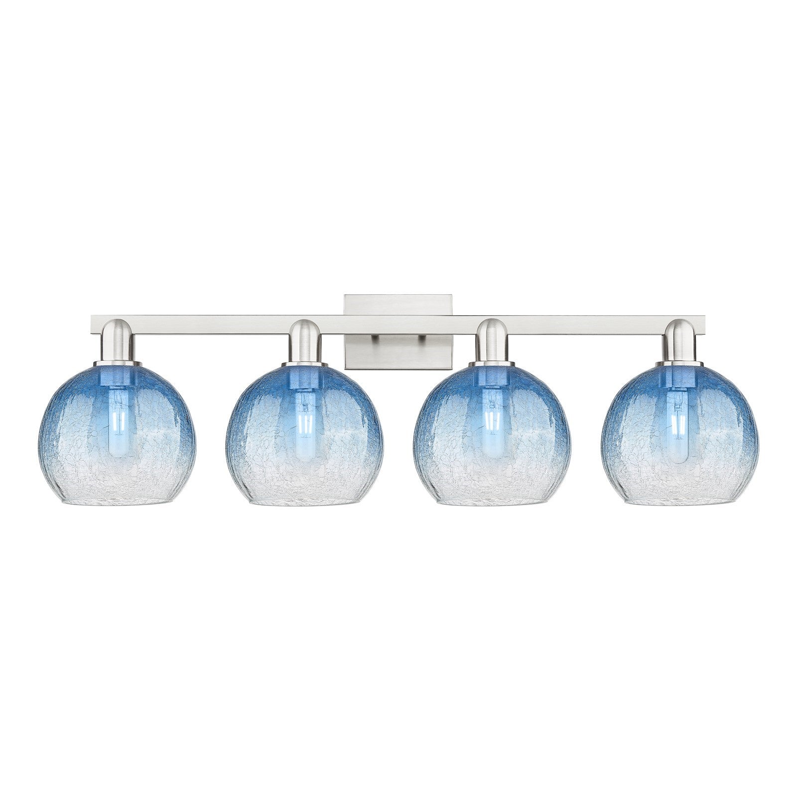 Innovations Brookhaven Globe 35in 4-Light Bath Vanity Light | Industrial Brushed Satin Nickel and Sapphire Blue Glass | Model 716-4W-SN-G483-8SB
