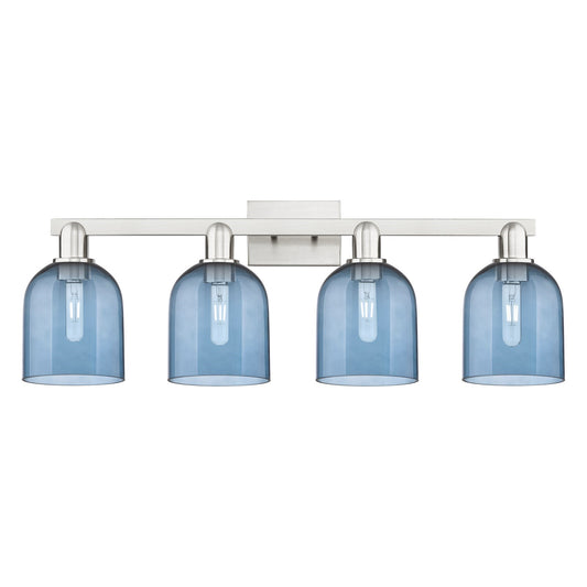 Innovations Bella 33in 4-Light Bath Vanity Light | Industrial Brushed Satin Nickel and Blue Glass | Bathroom Vanity | Model 716-4W-SN-G558-6BL