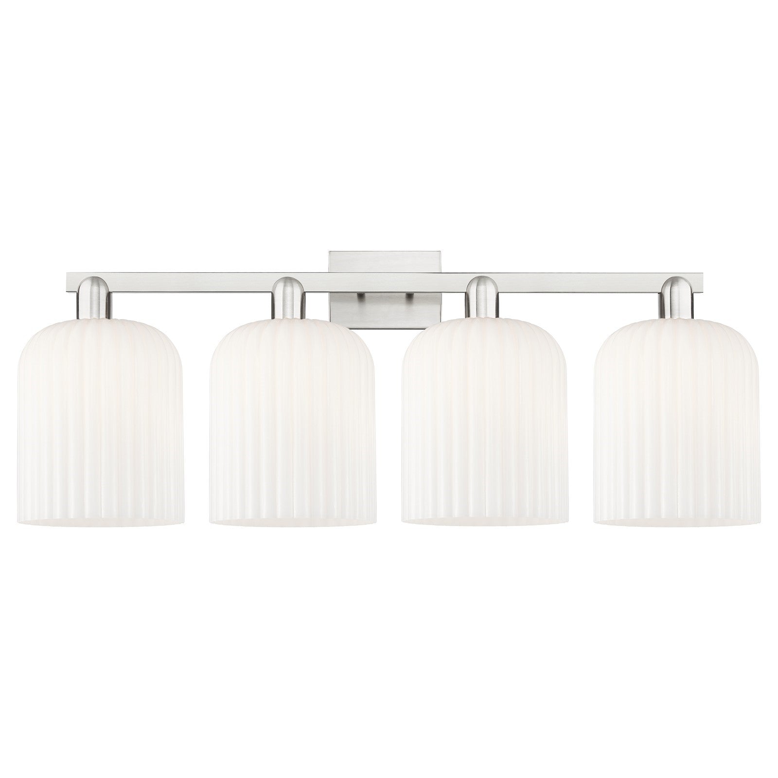 Innovations Bridal Veil 35in 4-Light Bath Vanity Light | Industrial Brushed Satin Nickel and Gloss White Ribbed Glass | Model 716-4W-SN-G559-8GWH