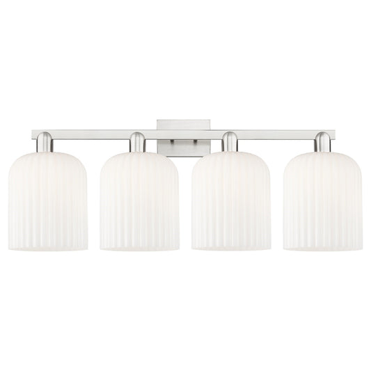 Innovations Bridal Veil 35in 4-Light Bath Vanity Light | Industrial Brushed Satin Nickel and Gloss White Ribbed Glass | Model 716-4W-SN-G559-8GWH