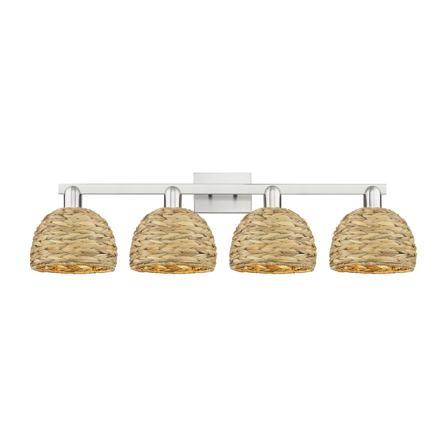 Innovations Woven Rattan 35in 4-Light Bath Vanity Light | Industrial Brushed Satin Nickel and Natural Fiber Dome Shade | Model 716-4W-SN-RBD-8-NAT
