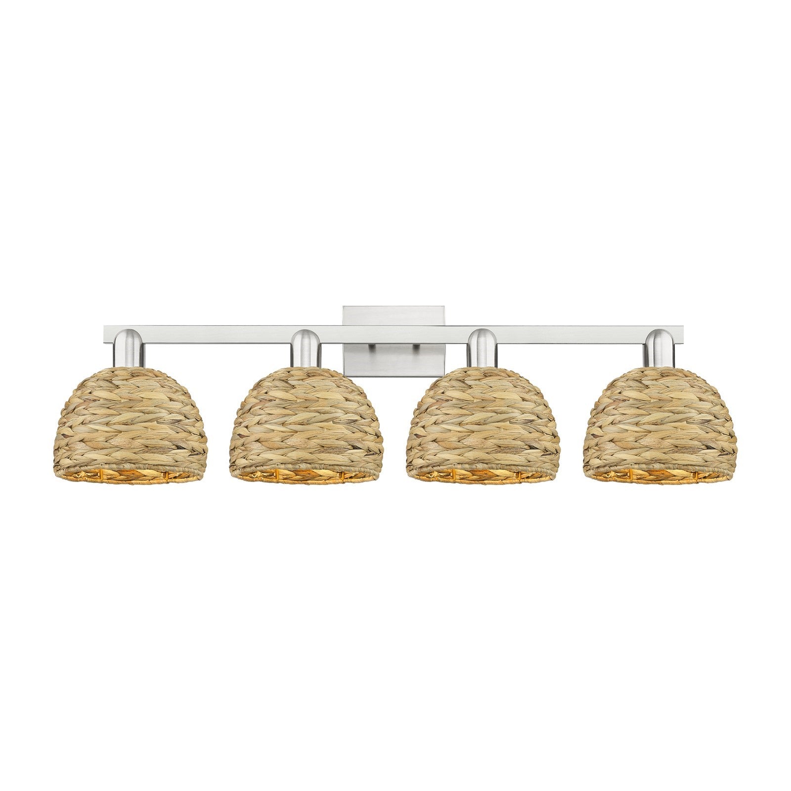 Innovations Woven Rattan 35in 4-Light Bath Vanity Light | Industrial Brushed Satin Nickel and Natural Fiber Dome Shade | Model 716-4W-SN-RBD-8-NAT