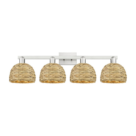 Innovations Woven Rattan 35in 4-Light Bath Vanity Light | Industrial Brushed Satin Nickel and Natural Fiber Dome Shade | Model 716-4W-SN-RBD-8-NAT