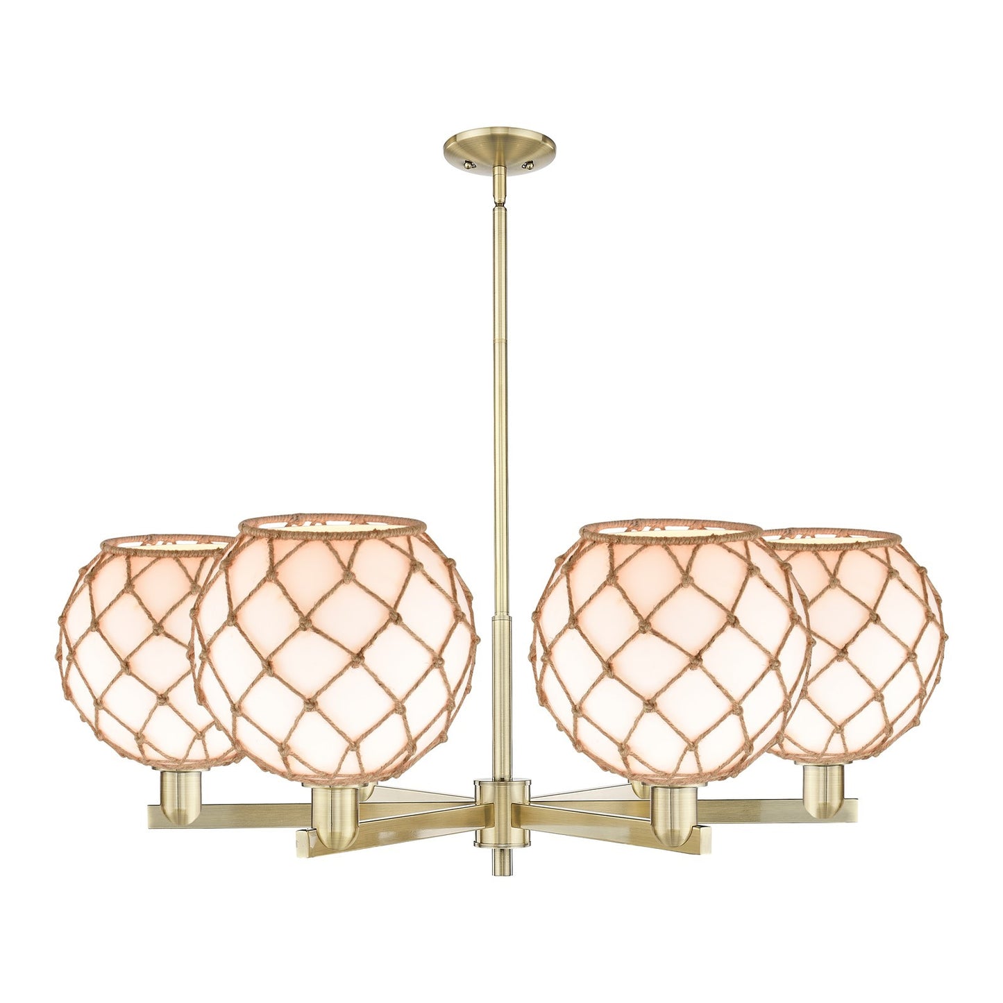 Innovations Farmhouse Rope 40in 6-Light Chandelier | Industrial Antique Brass Steel and Matte White Glass with Brown Rope | Model 716-6CR-AB-G121-10RB
