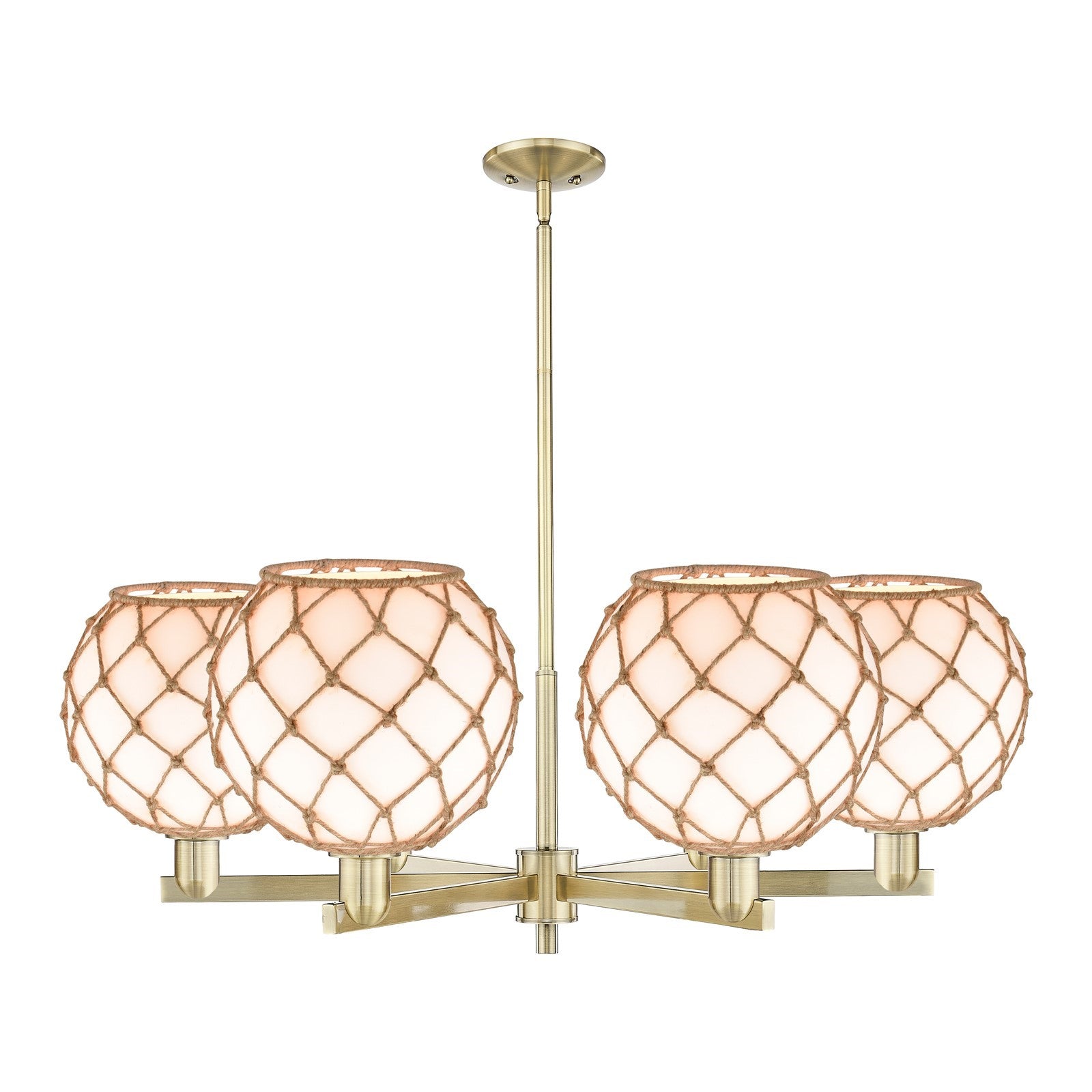 Innovations Farmhouse Rope 40in 6-Light Chandelier | Industrial Antique Brass Steel and Matte White Glass with Brown Rope | Model 716-6CR-AB-G121-10RB