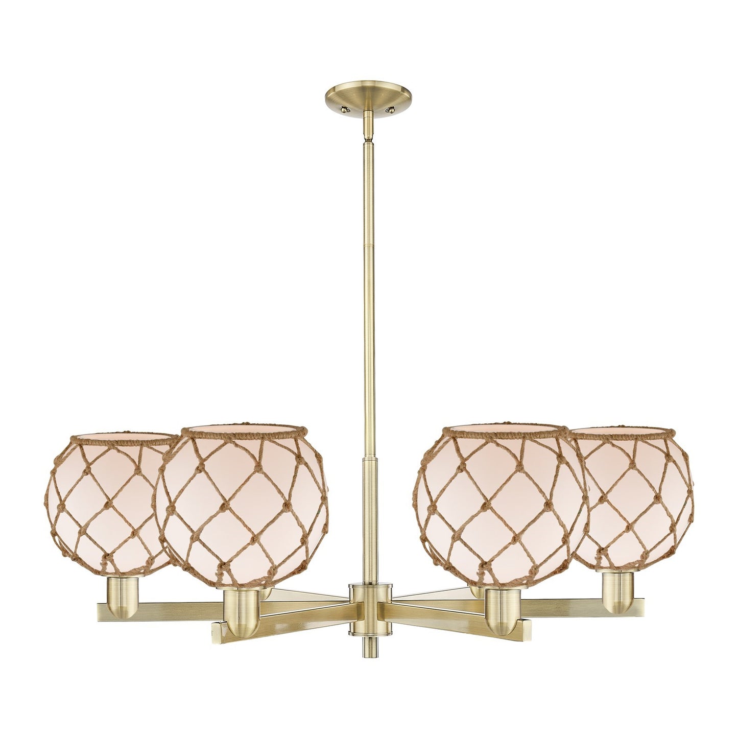 Innovations Farmhouse Rope 38in 6-Light Chandelier | Industrial Antique Brass and White Frosted Glass with Brown Rope | Dining | Model 716-6CR-AB-G121-8RB