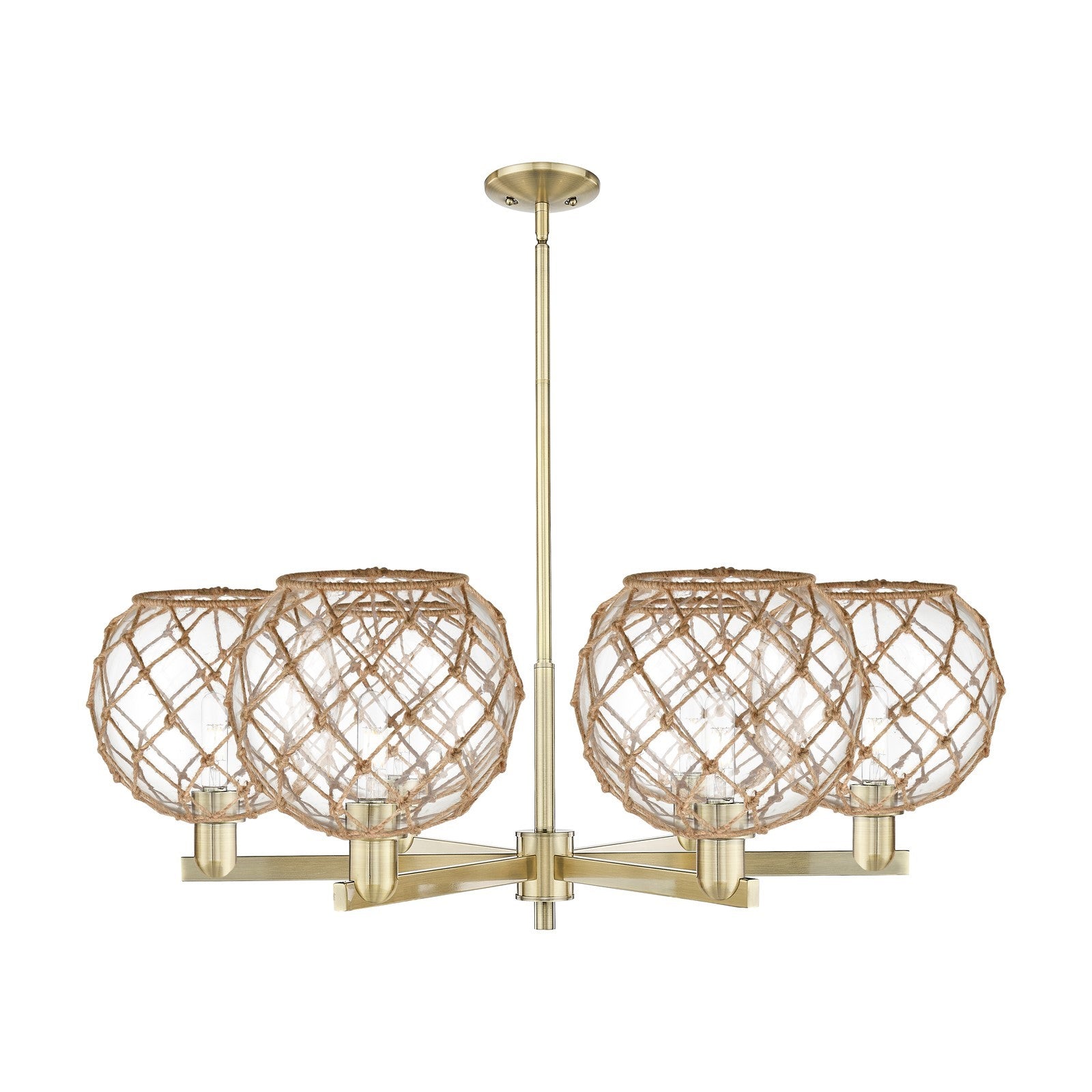 Innovations Farmhouse Rope 40in 6-Light Chandelier | Industrial Antique Brass Steel and Clear Glass with Brown Rope | Dining | Model 716-6CR-AB-G122-10RB