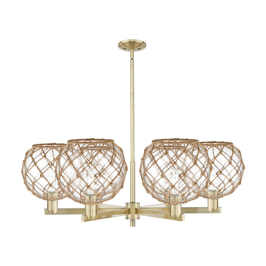 Innovations Farmhouse Rope 40in 6-Light Chandelier | Industrial Antique Brass Steel and Clear Glass with Brown Rope | Dining | Model 716-6CR-AB-G122-10RB
