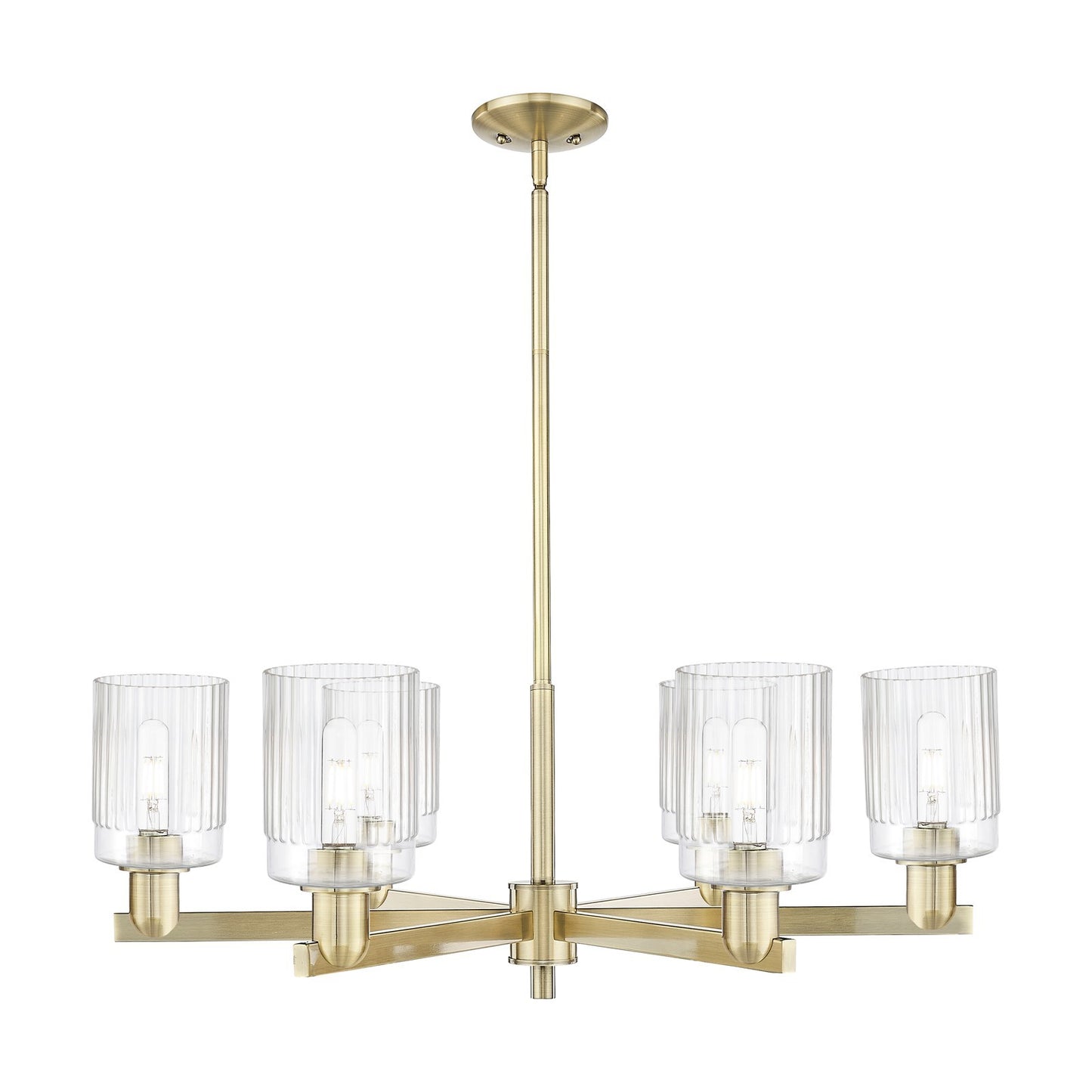 Innovations Hadley 34in 6-Light Chandelier | Industrial Antique Brass Steel and Clear Ribbed Glass | Dining Room & Living Room | Model 716-6CR-AB-G342