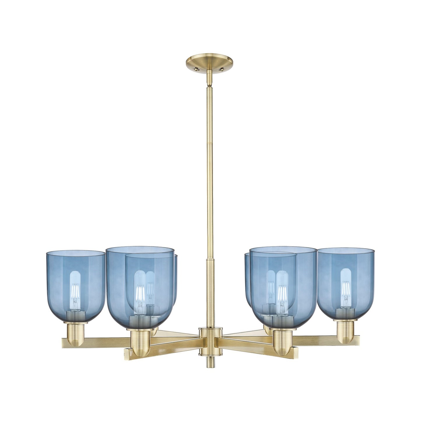 Innovations Bella 35in 6-Light Chandelier | Industrial Antique Brass and Blue Glass | Kitchen Island & Dining Room | Model 716-6CR-AB-G558-6BL