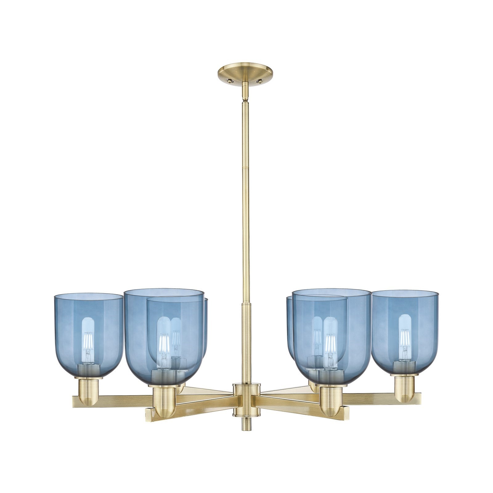 Innovations Bella 35in 6-Light Chandelier | Industrial Antique Brass and Blue Glass | Kitchen Island & Dining Room | Model 716-6CR-AB-G558-6BL