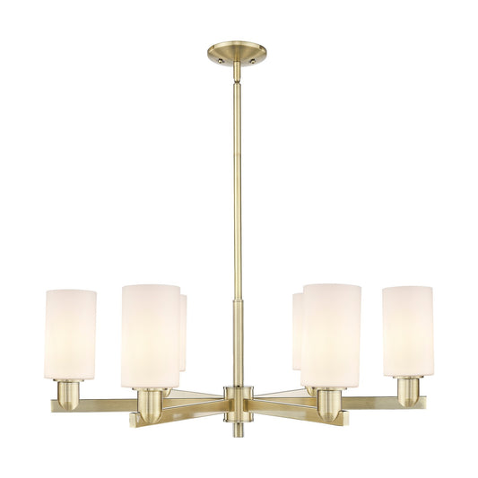 Innovations Clymer 34in 6-Light Chandelier | Industrial Antique Brass Steel and Matte White Glass | Kitchen Island & Dining Room | Model 716-6CR-AB-G801
