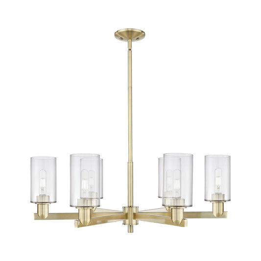 Innovations Clymer 34in 6-Light Chandelier | Industrial Antique Brass Steel and Clear Glass | Dining Room & Living Room | Model 716-6CR-AB-G802