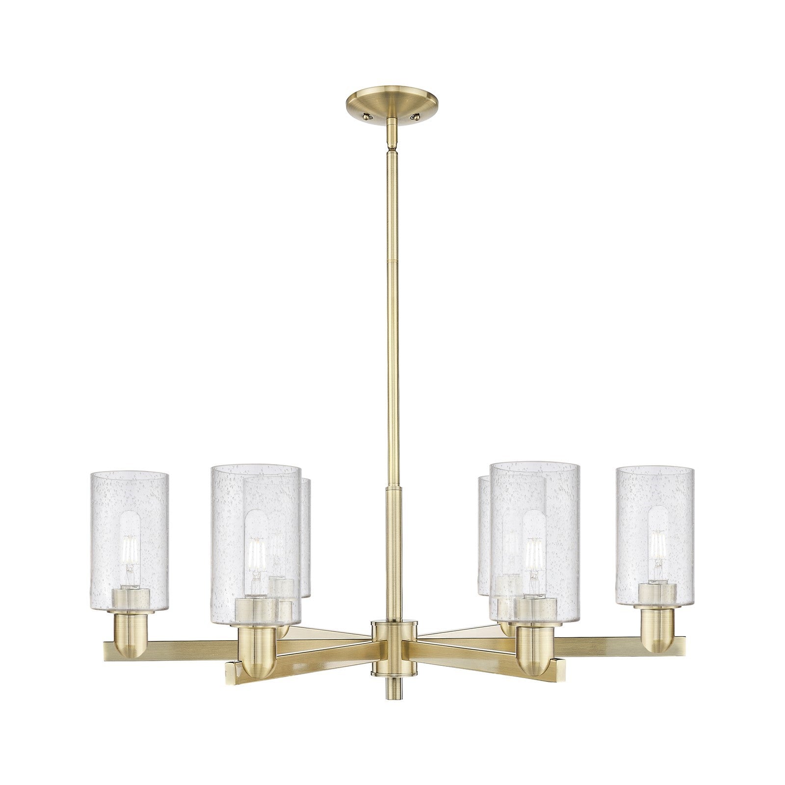 Innovations Clymer 34in 6-Light Chandelier | Industrial Antique Brass Steel and Seedy Glass | Dining Room & Living Room | Model 716-6CR-AB-G804