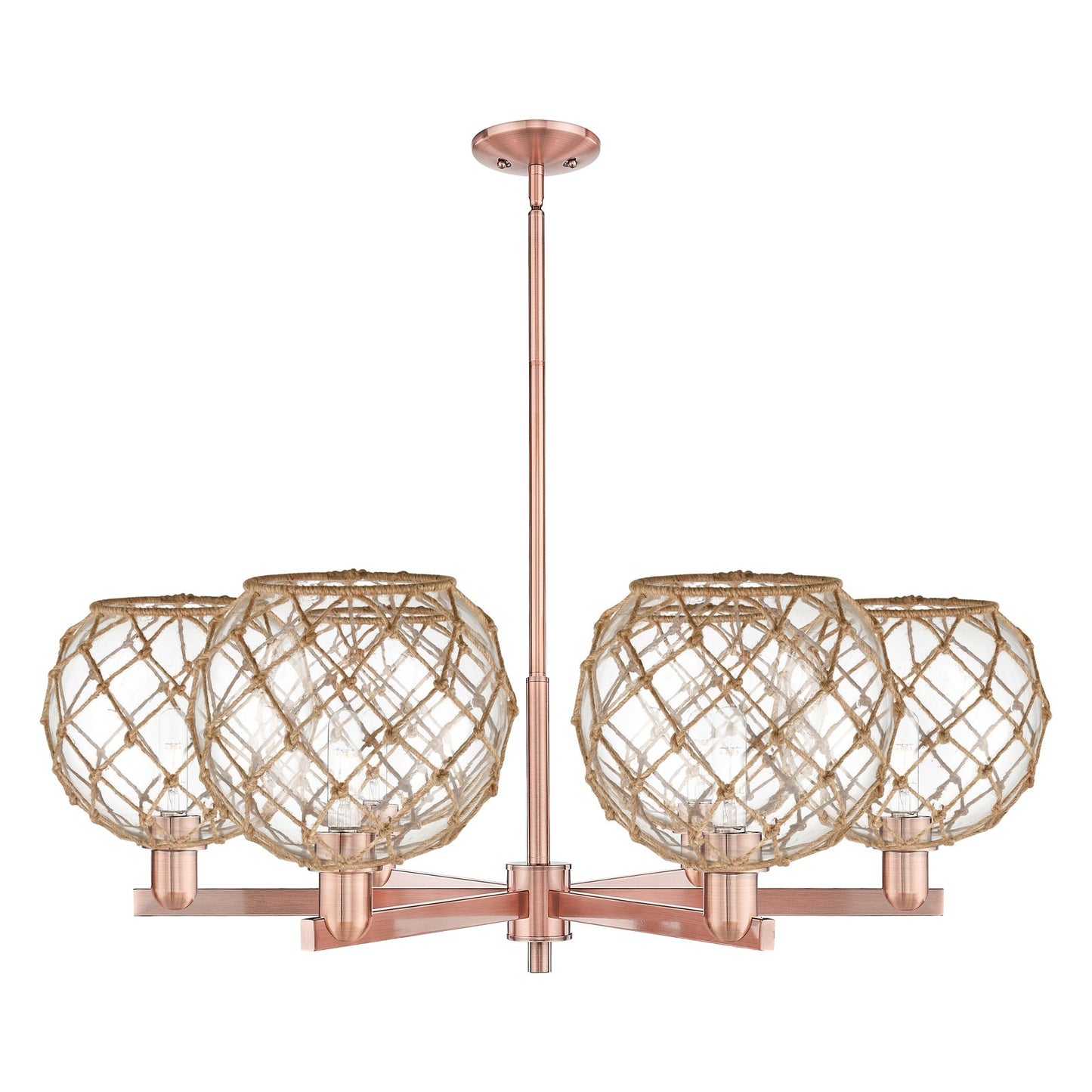 Innovations Farmhouse Rope 40in 6-Light Chandelier | Industrial Antique Copper and Clear Glass with Brown Rope Shade | Dining | Model 716-6CR-AC-G122-10RB