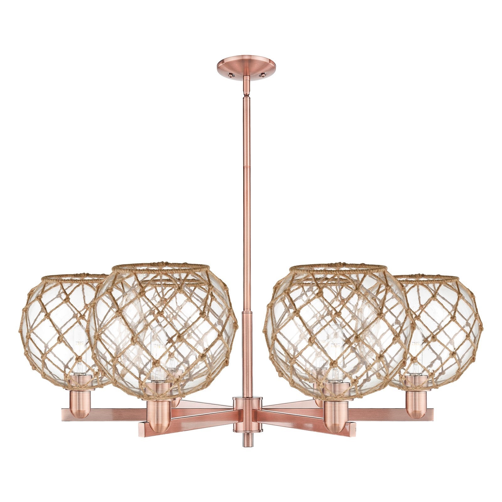 Innovations Farmhouse Rope 40in 6-Light Chandelier | Industrial Antique Copper and Clear Glass with Brown Rope Shade | Dining | Model 716-6CR-AC-G122-10RB